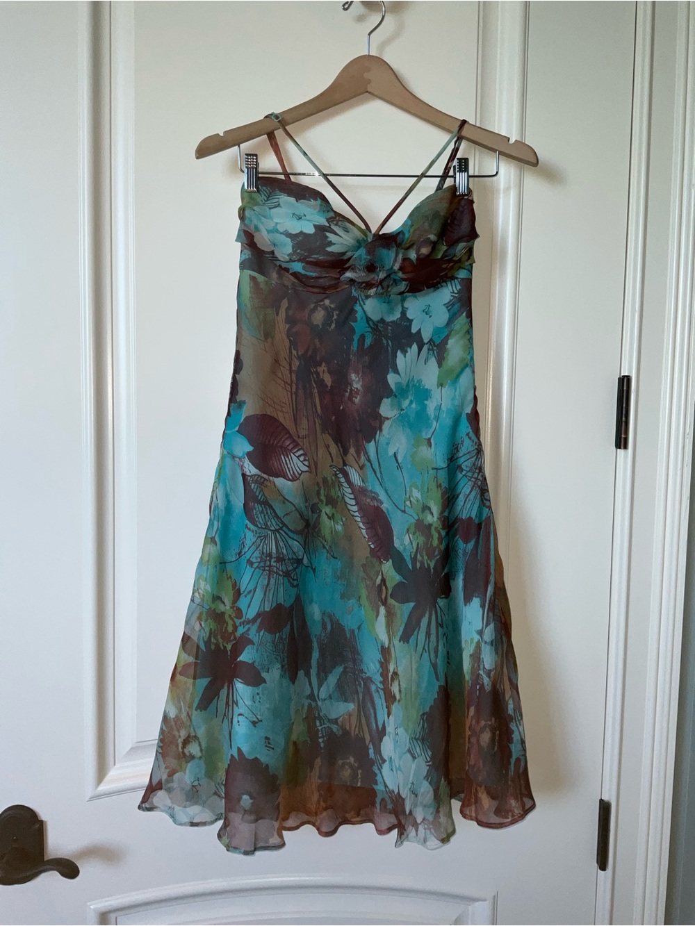 Floral Midi Spaghetti-Strap Dress in Teal and Brown